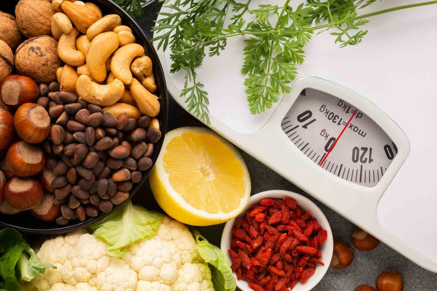 Weighing scale beside nuts, seeds, lemon and fresh vegetables